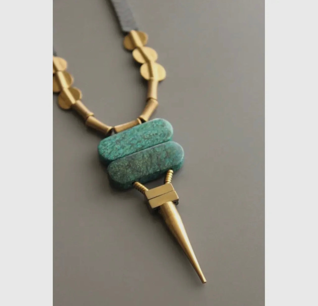 Green Turquoise and Brass Spike Geometric Necklace