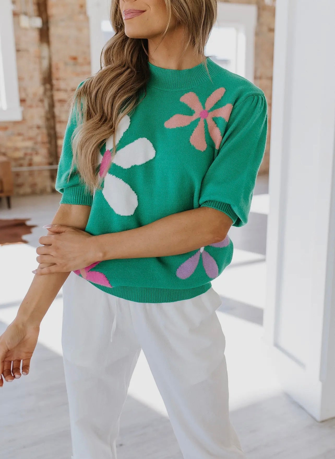 Kelly Green Flower Knit Top