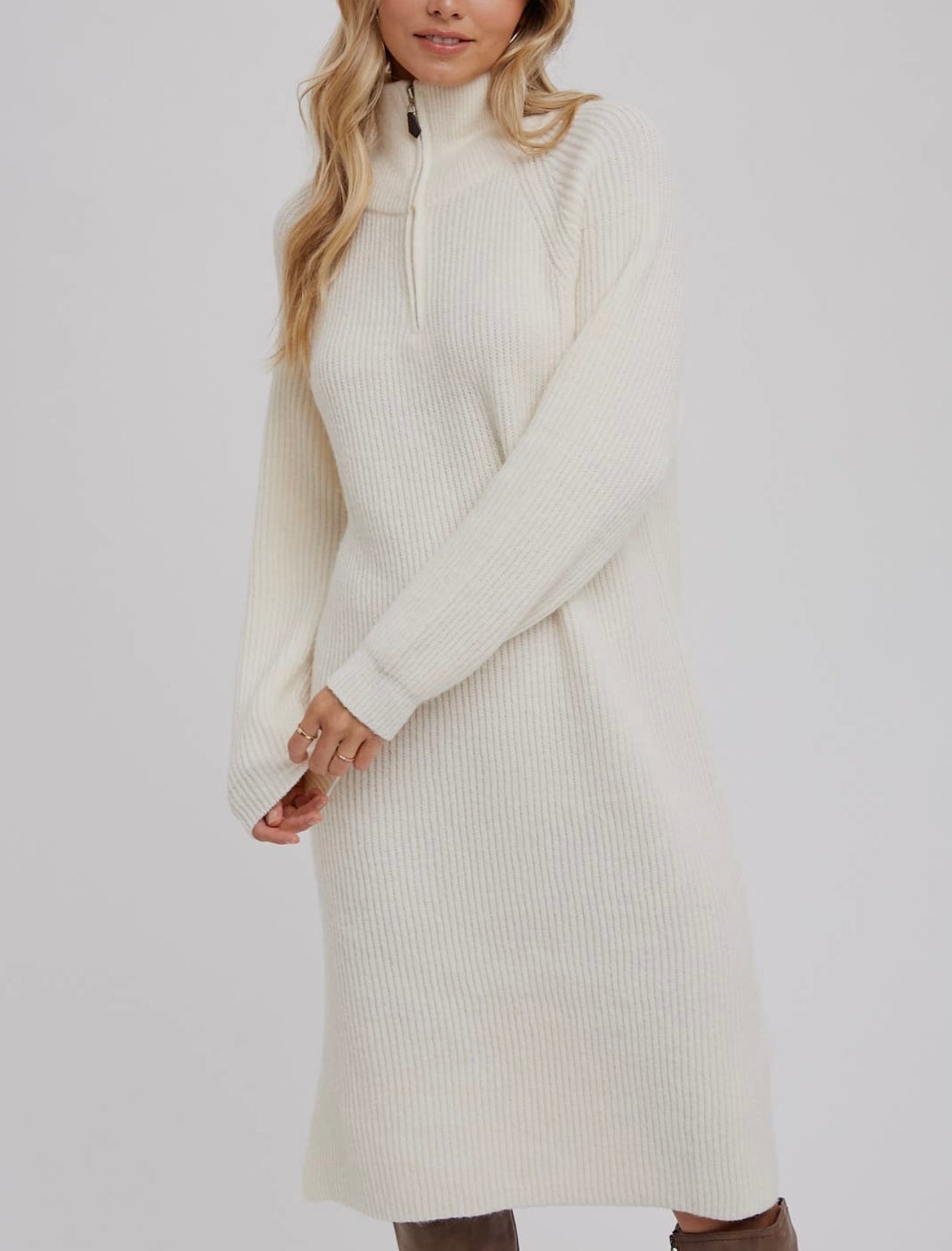 Cream Quarter Zip Sweater Dress