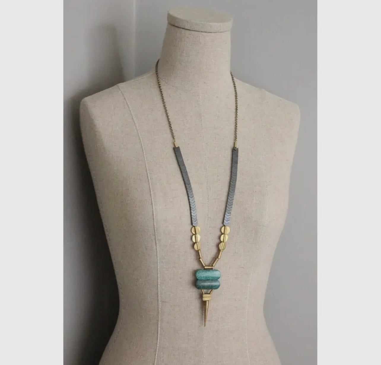 Green Turquoise and Brass Spike Geometric Necklace