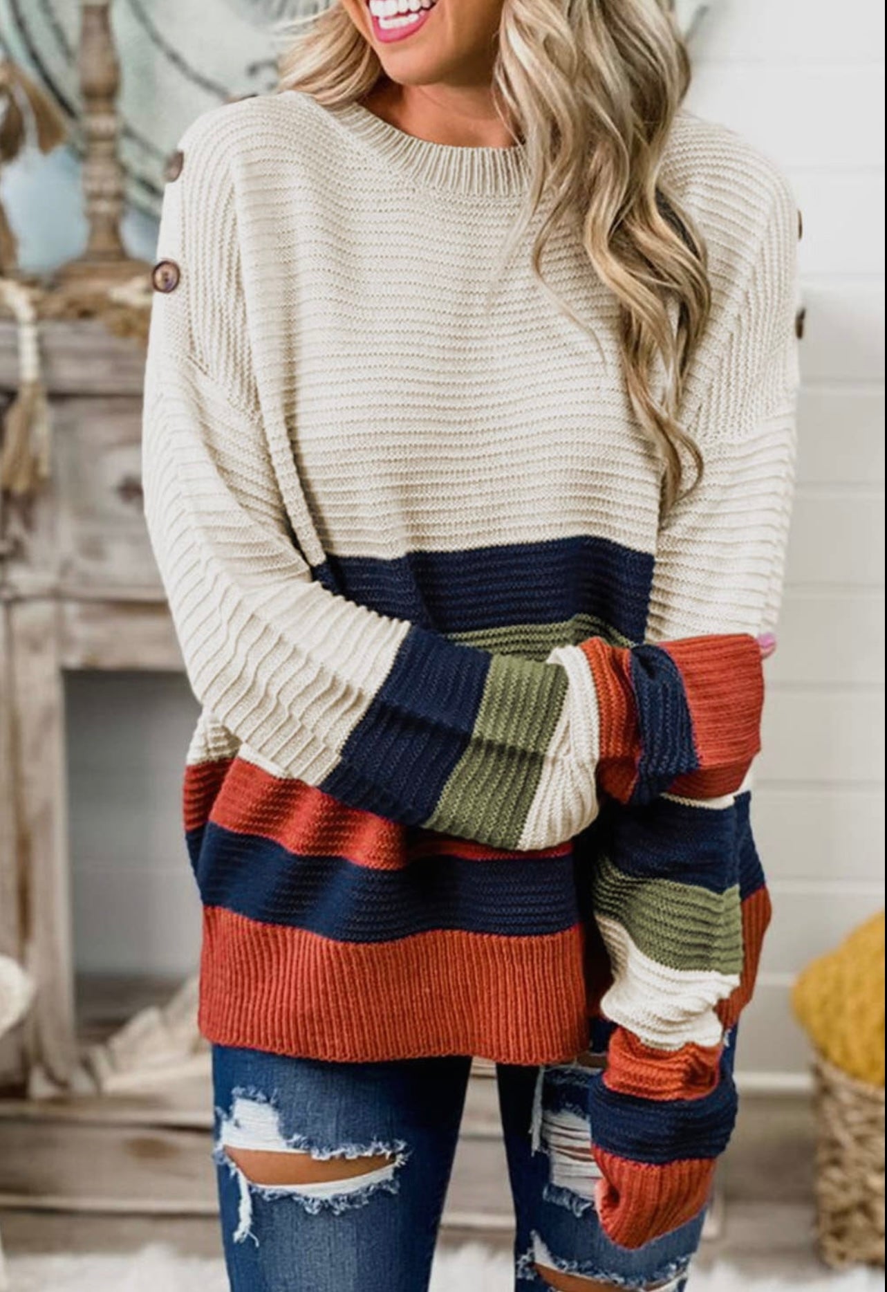 Button Shoulder Stripe Sweater