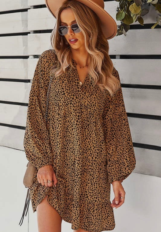 Brown Leopard Tiered Dress