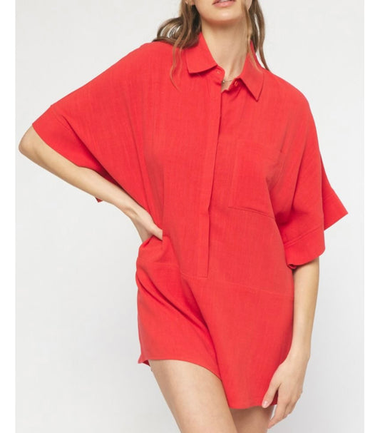 Red Button Up Collared Romper