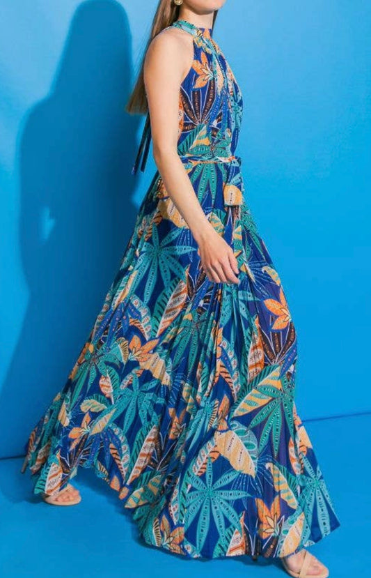 Blue Pleated Print Maxi Dress