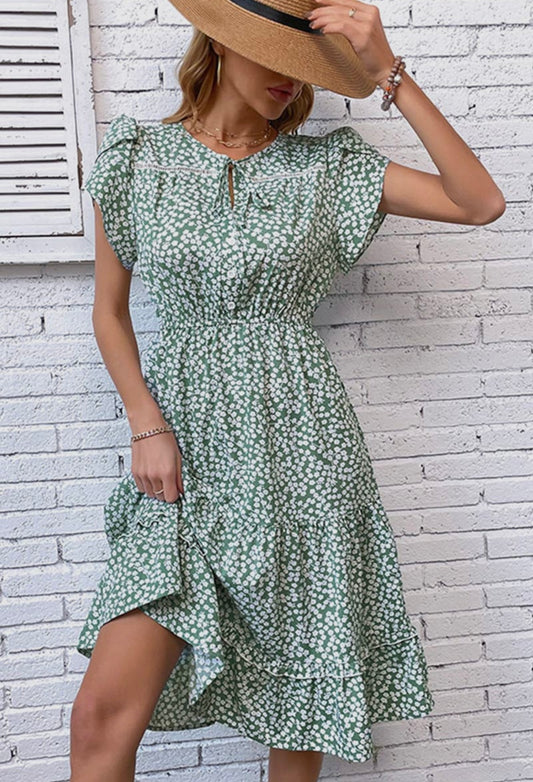 Green Ditsy Print Tiered Midi Dress