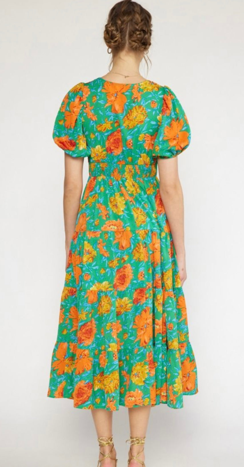 Green Floral Print Puff Sleeve Midi Dress