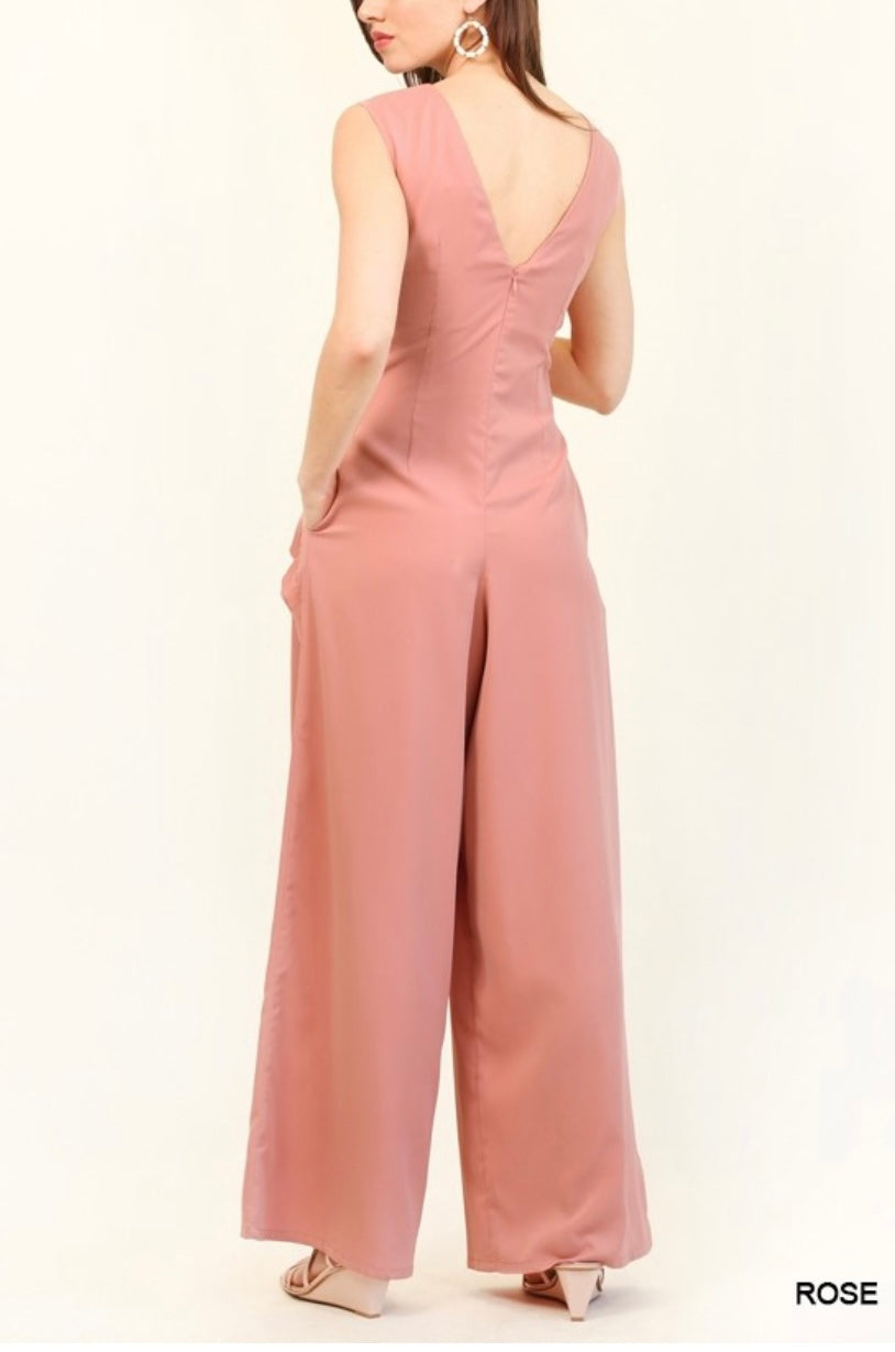 Pink Diagonal Ruffle Jumpsuit With Pockets