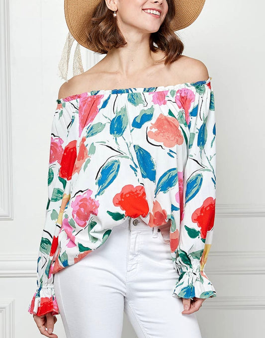 Floral Print Wide Neck Long Sleeve Blouse